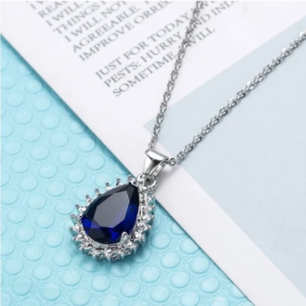 SS 925 CHAIN & PENDANT BLUE & CLEAR CUBIC ZIRCONIA